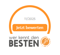 Bewertungssymbol mit Text „Jetzt bewerten“ und „wer kennt den BESTEN“ im orangefarbenen Design.